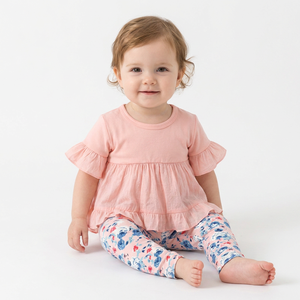 Ensemble décontracté pour filles, grande taille, haut à volants en coton, pantalon fleuri, manches courtes, tenue d'été respirante, 100% coton peigné, écologique - Product Image 3