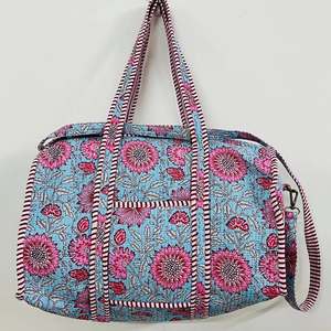 Handmade Quilted Cotton Travel <b>Bag</b> for Women <b>Large</b> Weekender Duffle with Block Print Shoulder Overnight <b>Bag</b> - Product Image 3