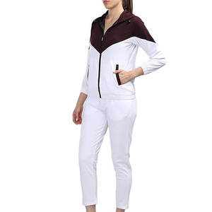 Women Sporty <b>Tracksuit</b> White Burgundy Color Blocking Hooded Zipper Full Sleeve Side Pockets Lightweight Spring Casual - Product Image 1