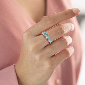 Three Larimar Stones <b>Ring</b> S925 Sterling Silver Bezel <b>Set</b> Oval Round Pear Shape Minimalist Design Everyday Wear Fine <b>Ring</b> Jewelry - Product Image 4