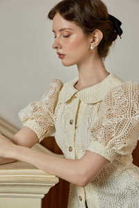 Elegant / Vintage / Romantic <b>Set</b> Vietnam Half Floral Lace ZELLA - Lace Puff-Sleeve Blouse & <b>Linen</b>-Blend Slit Skirt KS50 - Product Image 6