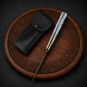 Custom Handmade Damascus Steel Folding Pocket <b>Knife</b> with Blue & White Resin <b>Handle</b> Leather Sheath, OEM ODM Manufacturer - Product Image 3
