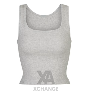 Débardeur gris en tricot pour femme, col rond, minimaliste, logo uni sur le devant, longueur courte - Product Image 1