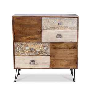 Cómoda/Gabinete Modular Moderno de Mediados de Siglo, de Madera Maciza de Mango, con 4 Cajones y Incrustaciones Florales Talladas a Mano, para Almacenamiento en la Sala de Estar - Product Image 1