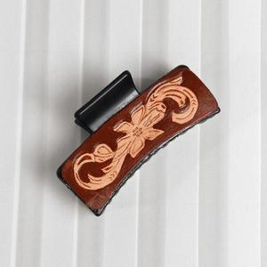 Vintage Leather Hair <b>Clip</b> With Floral Embossing For Women's Accessories - Product Image 2
