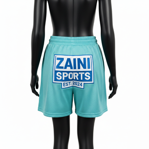 Shorts en maille polyester de haute qualité pour femmes, couleur aqua, avec grand panneau en maille et logo personnalisé par sublimation. - Product Image 2