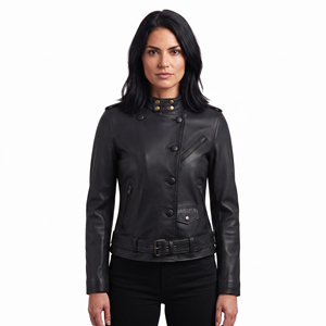 Chaqueta de Motociclista de Cuero Genuino para Mujer, Diseño Ajustado Profesional, con Botones y Cinturón en la Cintura - Product Image 1