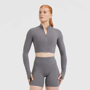 Women's Gray Long Sleeve Crop <b>Top</b> Half-Zip Solid Color Breathable Fitness Shirt Regular Fit Full Sleeve All Seasons - Product Image 3