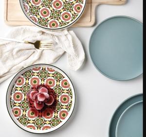 Style bohème chine Boho treillis motif Vintage Style rétro imprimé rouge vert bleu vaisselle en céramique ensemble de vaisselle - Product Image 4