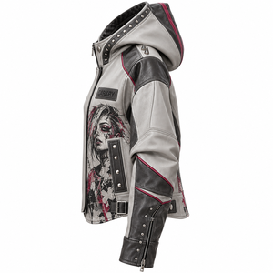Grey <b>Women</b> Genuine Leather Hooded Jacket Custom Punk Portrait Graphic Print Colorblock Spiked <b>Outerwear</b> OEM Factory Service - Product Image 4