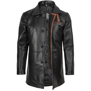 Veste en cuir véritable noire pour homme de qualité supérieure, mi-longue, style business décontracté, trench-coat, coupe-vent d'hiver, coupe ajustée, vêtement d'extérieur en cuir - Product Image 5