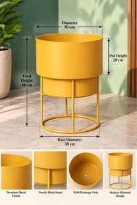 Jardinière en métal jaune moutarde avec support, pot de fleurs cylindrique moderne, décoration contemporaine pour l'intérieur, l'extérieur, le jardin et la maison - Product Image 2