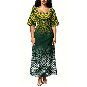 Robe longue tendance pour femme à imprimé floral Frangipani Samoa, col carré, boutonnée sur le devant, manches courtes, taille haute - Product Image 5