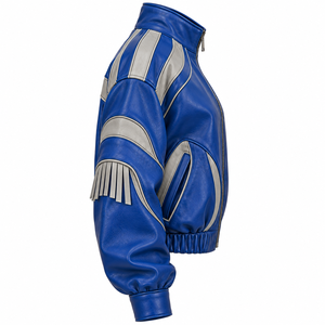 Biker Royal Blue Oversized <b>Leather</b> <b>Bomber</b> <b>Jacket</b> Grey Sleeve Stripe Fringe High Neck Elastic Hem Custom Wholesale Vendor - Product Image 3