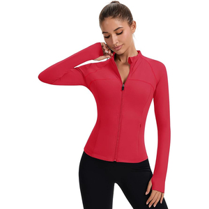 Veste de yoga en nylon à fermeture éclair intégrale pour femme, respirante, coupe ajustée, manches longues, col montant, séchage rapide, haut de sport pour entraînement et fitness, avec logo frontal - Product Image 2