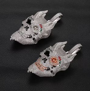 Colgante de Calavera Hip Hop con Diamantes CZ, Chapado en Oro Blanco, con Ojo de Flor Rosa y Cara de Fantasma - Product Image 6