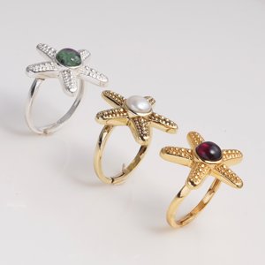 Gold Plated Brass Modern Starfish Garnet Cabochon Adjustable Ocean Inspired <b>Statement</b> <b>Ring</b> Handmade Women Jewelry - Product Image 6