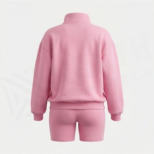 Conjunto de 2 piezas de forro polar rosa para mujer con sudadera con cremallera y estampado geométrico y pantalones cortos por encima de la rodilla, ropa deportiva informal - Product Image 2