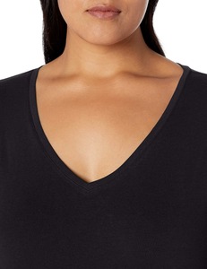 Camiseta Personalizada de Talla Grande para Mujer, Cuello en V, Manga Corta, Color Negro Sólido, Algodón, Estilo Casual, Corte Regular, Tela Jersey - Product Image 3
