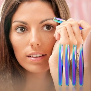 Ensemble de 4 pinces à épiler pour sourcils personnalisées, colorées, de précision, en acier inoxydable, pointe droite moderne, légères et durables - Product Image 4
