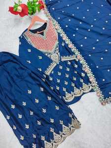 Conjunto de traje Sharara de seda al por mayor con bordado elaborado, yoke en contraste, Gharara acampanada, Dupatta festiva para bodas indias y pakistaníes - Product Image 5