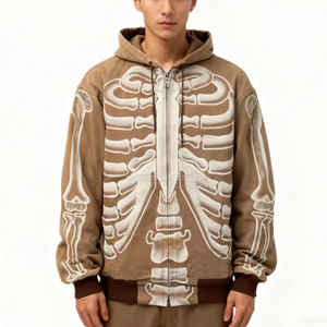 Veste à capuche zippée pour homme, motif squelette, style streetwear vintage délavé, imprimé os, vêtement d'extérieur décontracté et tendance - Product Image 3