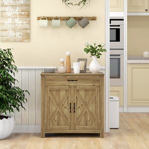Contemporary Farmhouse <b>Sideboard</b> <b>Kitchen</b> Buffet <b>Cabinet</b> Barn Doors Drawer Adjustable Shelf Natural Wood for Villa Application - Product Image 2