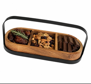 Plateau de service en bois à 3 compartiments avec poignée en métal pour les collations, les fruits secs, les noix, les apéritifs, le fromage et la présentation des aliments sur la table - Product Image 1