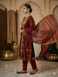 Black And Maroon Cotton <b>Kurta</b> Set With Zari Work Dupatta For <b>Women</b> Traditional Indian Wear Regular Fit Kurti Set for <b>Womens</b> - Product Image 2