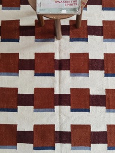 Handwoven <b>wool</b> kilim rug with <b>red</b> geometric block pattern on ivory base, modern design, durable, lightweight, - Product Image 6