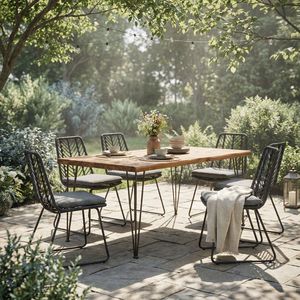 Set da Pranzo Moderno da Esterno per 6 Persone, 7 Pezzi, Tavolo Rettangolare in Legno di Acacia da 183 cm con Sedie in Rattan, Grande Set di Mobili da Giardino - Product Image 1