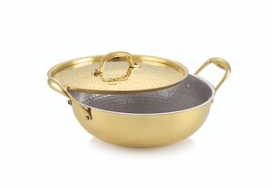 Kadhai en laiton à fond plat 3L, poignée isolante résistante à la chaleur, couvercle en verre, 100% laiton pur, revêtement en étain, design classique, pour usage festif - Product Image 4