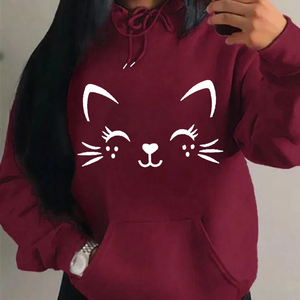 <b>Women's</b> Burgundy Hooded <b>Sweatshirt</b> Cartoon Cat Face Print Full Sleeve Knitted Oversized Casual Autumn Wear - Product Image 1