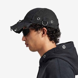Black 6-Panel Baseball Cap With Ripped Distressed Design Metal Buckle Closure Street Style Casual <b>Hat</b> For <b>Men</b> - Product Image 2