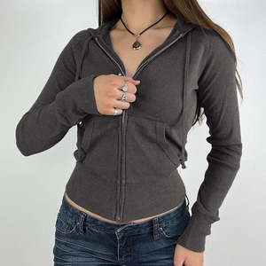 Sweat à capuche zippé uni, coupe ajustée, manches longues, anti-boulochage, respirant, hiver, logo personnalisé imprimé sur le devant pour femme - Product Image 3