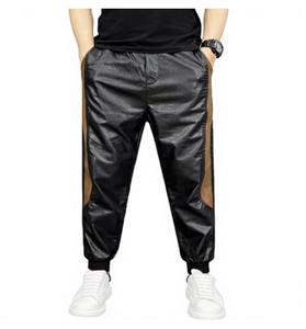 Spezia International Men's Faux Leather Heavyweight Anti-Pilling Sweatpants Elastic Waist Side Stripe Casual Joggers Trousers - Product Image 1