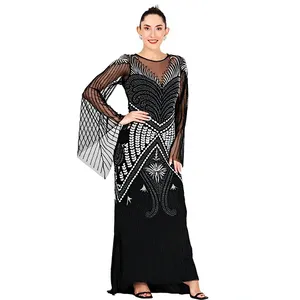 Robe de soirée élégante noire à sequins, coupe fourreau, motif géométrique, manches longues, longueur ras du sol - Product Image 4