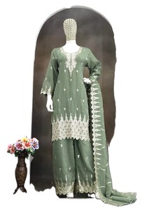 Salwar Kameez vert brodé en soie, tenue ethnique traditionnelle indienne et pakistanaise pour femmes, longueur au sol, coupe ample, pour mariage - Product Image 4