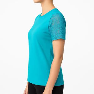 2026 New Women's Crew Neck T-Shirt Sexy Lace Trim Slim Short Sleeve <b>Top</b> Breathable Plain Dyed Anti-Pilling Contrast Logo T-Shirt - Product Image 3