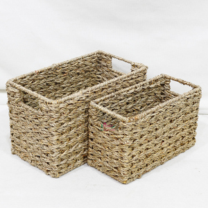 Natural Rustic Seagrass Woven Eco-Friendly Storage <b>Basket</b> Set <b>Rectangular</b> Shelf Organizer Bins with Built-in Handles - Product Image 4