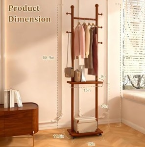 Porte-manteau sur pied en bois massif avec étagères ouvertes et rangement à roulettes pour chambre et entrée - Product Image 6