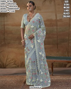 Chemisier de sari en organza bleu clair brodé, infroissable et anti-humidité, pour femme, idéal pour les mariages - Product Image 1