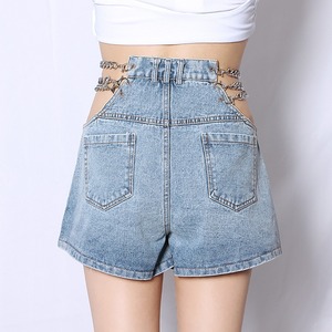 High <b>Waist</b> Denim Shorts WomenStyle Hollow Out <b>Chain</b> Detail Breathable Stonewashed Cotton Short Skirt Pants - Product Image 3