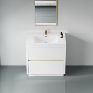 Mobile bagno freestanding da 36 pollici con cassetti soft-close e piano in resina effetto pietra, mobiletto contenitore bagno con lavabo - Product Image 5