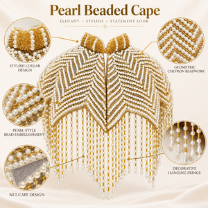 Cape en filet perlé avec broderie dorée, motif géométrique en chevron et franges décoratives pour tenue de mode - Product Image 6