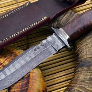 Couteau de chasse à lame fixe en acier Damas fait main, manche en bois, pointe tombante - Product Image 2
