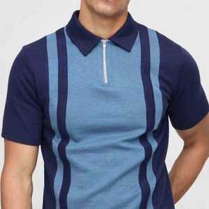 Polo de punto de manga corta para hombre, azul a rayas con bloques de color, diseño casual con cremallera, corte regular, Direct Long Mission Factory. - Product Image 3