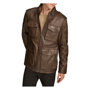 Men's Premium Sheepskin <b>Leather</b> <b>Long</b> Four-Pocket Safari Field <b>Jacket</b> Zipper Stand Collar Autumn Season XS Size Waterproof - Product Image 2
