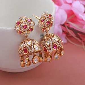 Reva Polki Designer Drop Earrings-Vintage Ethnic Tassel Jhumkas with Pearl & Diamond - Product Image 4