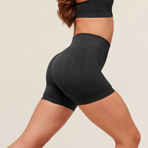 Shorts de yoga pour femmes, taille haute, noirs, sans coutures, en spandex, avec panneaux en mesh respirant, séchage rapide, extensibles, pour la gym et le fitness, sur mesure, style motard - Product Image 2